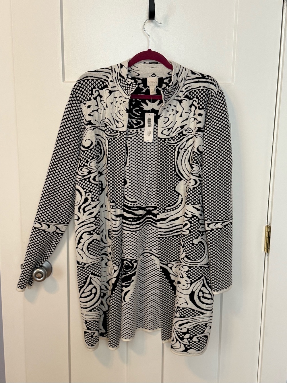Chico's Black and White Long Sleeve Open-Front Knit Cardigan